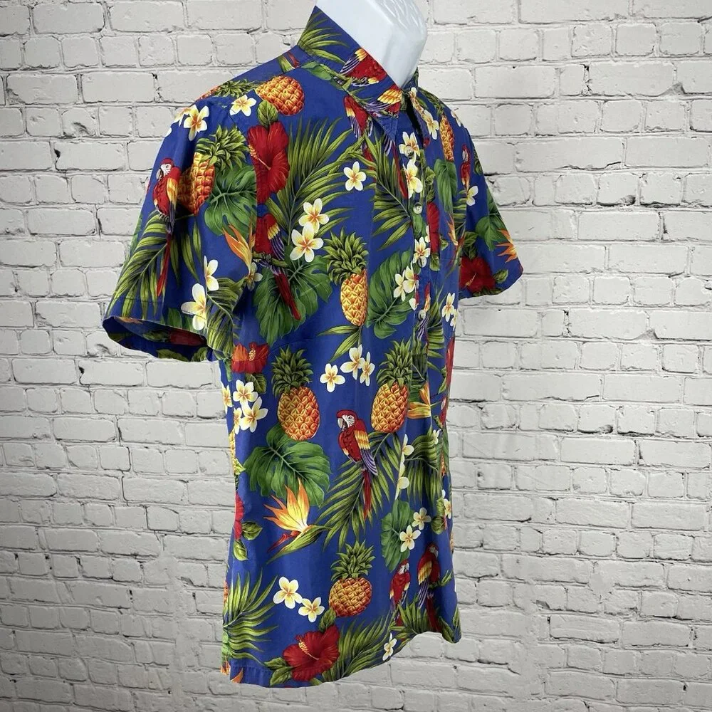 VTG Go Barefoot Blue Hawaiian Tropical Short Sleeve Button Up Shirt USA Large L